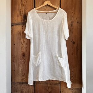Sz M Flax 100% Linen Ivory Minimalist Lightweight Pullover Tunic Dress EUC